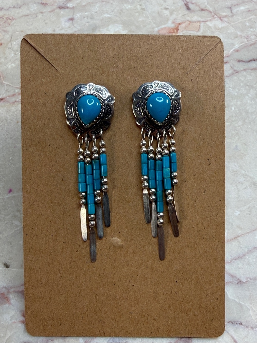 Navajo Indian Turquoise Bead Fringe 925 Silver Dangle Earrings - Women Jewelry